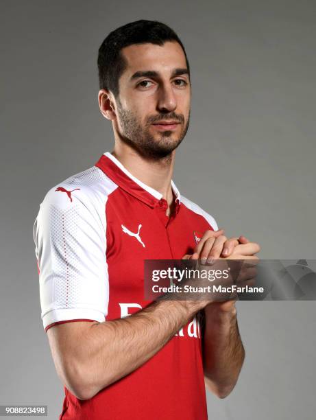 Arsenal Unveil New Signing Henrikh Mkhitaryan at London Colney on January 22, 2018 in St Albans, England.