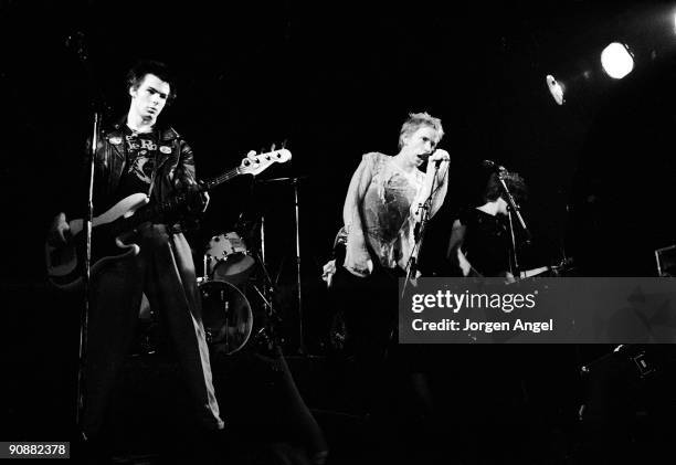 Sid Vicious, Johnny Rotten and Steve Jones of the Sex Pistols perform on stage on July 13th 1977 in Copenhagen, Denmark