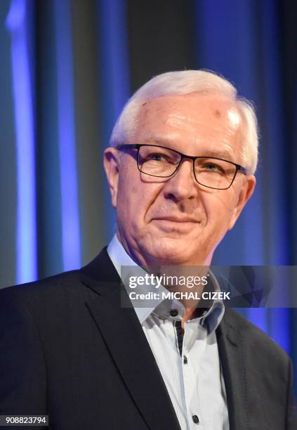 Jiri Drahos, former head of the Czech Academy of Sciences and candidate for the presidential election, waits to deliver a speech to his supporters on...