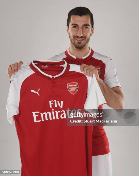 Arsenal Unveil New Signing Henrikh Mkhitaryan at London Colney on January 22, 2018 in St Albans, England.