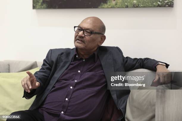 Anil Agarwal, billionaire and owner of Vedanta Resources Plc, gestures while speaking during an inteview ahead of the World Economic Forum in Davos,...