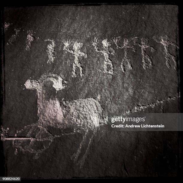 Detail from the Procession Panel, a 900 year old petroglyph, decorates a canyon wall above Butler's Wash in Bear Ears National Monument on December...