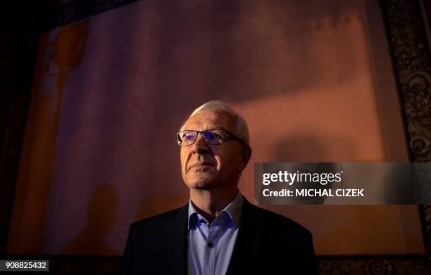 Jiri Drahos, former head of the Czech Academy of Sciences and candidate for the presidential election, waits to deliver a speech to his supporters on...