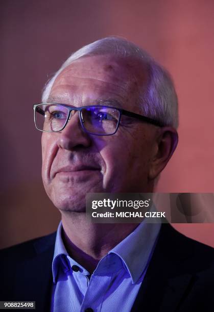 Jiri Drahos, former head of the Czech Academy of Sciences and candidate for the presidential election, waits to deliver a speech to his supporters on...