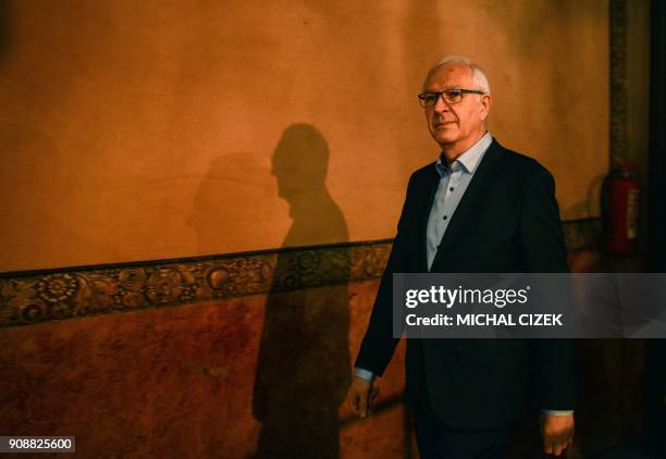 Jiri Drahos, former head of the Czech Academy of Sciences and candidate for the presidential election, arrives to deliver a speech to his supporters...