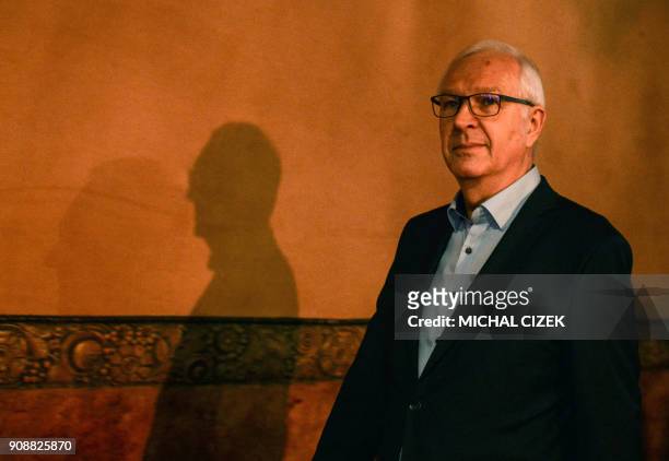 Jiri Drahos, former head of the Czech Academy of Sciences and candidate for the presidential election, arrives to deliver a speech to his supporters...