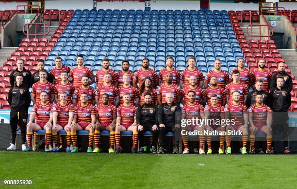 Huddersfield Giants pose for a team photograph during the Huddersfield Giants Media Day at John Smith's Stadium on January 22, 2018 in Huddersfield,...