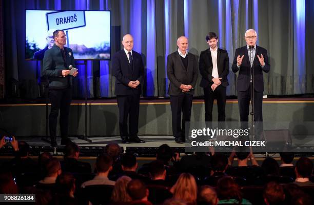 Jiri Drahos , former head of the Czech Academy of Sciences and candidate for the presidential election, is joined on stage by and his supporters and...