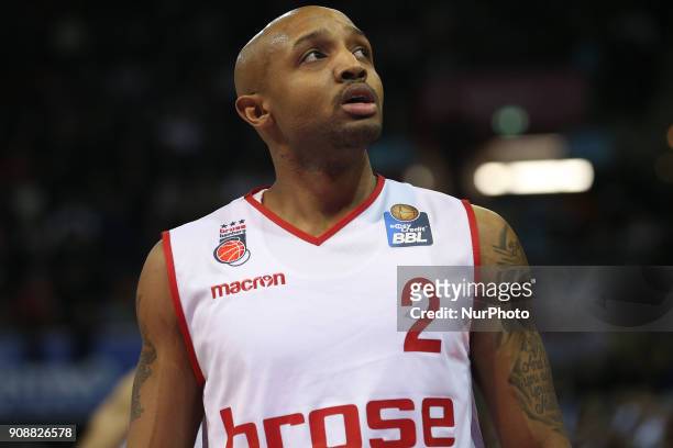 Ricky Hickman of Brose Baskets Bamberg during the Quarterfinal match in the BBL Pokal 2017/18 between FC Bayern Basketball and Brose Baskets Bamberg...