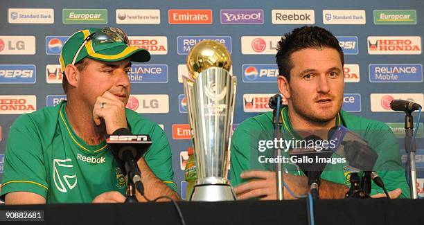 Coach Mickey Arthurnd and Graeme Smith of south Africa attend the ICC Champions trophy captain press conference from Senwes Park on September 17,...