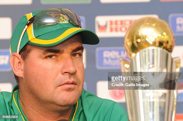 Coach Mickey Arthur of South africa attends the ICC Champions trophy captain press conference from Senwes Park on September 17, 2009 in...