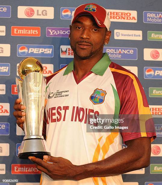 Floyd Reifer of West Indies poses with the trophy during the ICC Champions trophy captain press conference from Senwes Park on September 17, 2009 in...