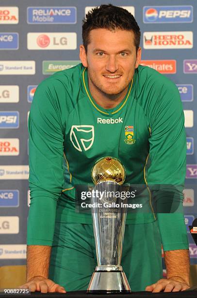 Graeme Smith of South Africa poses with the trophy during the ICC Champions trophy captain press conference from Senwes Park on September 17, 2009 in...