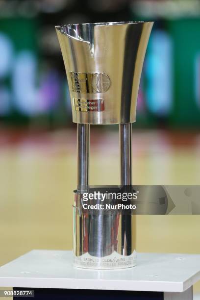 Pokal Trophy during the Quarterfinal match in the BBL Pokal 2017/18 between FC Bayern Basketball and Brose Baskets Bamberg at the Audi Dome on...