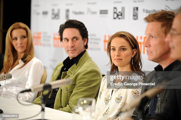 Actors Lisa Kudrow, Scott Cohen and Natalie Portman speak onstage at the "Love And Other Impossible Pursuits" press conference held at the Sutton...