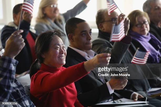 New American citizens celebrate during a naturalization service on January 22, 2018 in Newark, New Jersey. Although much of the federal government...