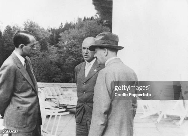 Nazi leader Adolf Hitler at the Berghof, his retreat in the Bavarian Alps near Berchtesgaden, Germany, with German architect Albert Speer and German...