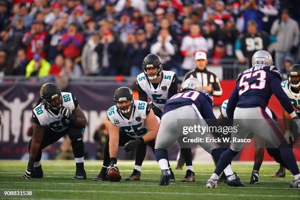 Playoffs: Jacksonville Jaguars QB Blake Bortles calling signals with Brandon Linder during game vs New England Patriots at Gillette Stadium....