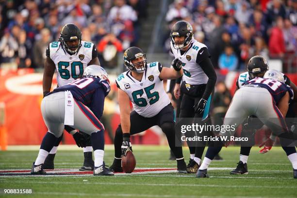 Playoffs: Jacksonville Jaguars QB Blake Bortles calling signals with Brandon Linder during game vs New England Patriots at Gillette Stadium....