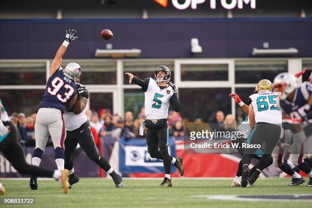 Playoffs: Jacksonville Jaguars QB Blake Bortles in action, passing vs New England Patriots at Gillette Stadium. Foxborough, MA 1/21/2018 CREDIT:...