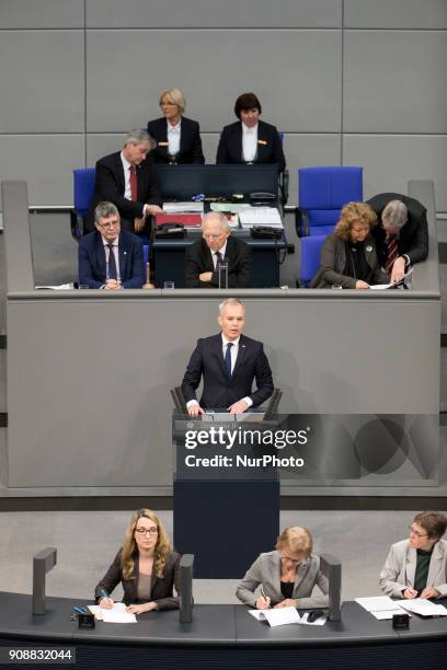 President of the French National Assembly Francois de Rugy speaks during a special session of the Bundestag for the 55th Anniversary of the Elysee...