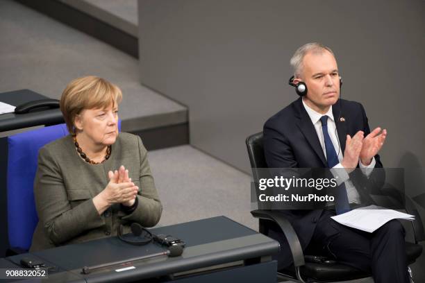 German Chancellor Angela Merkel and President of the French National Assembly Francois de Rugy are pictured during a special session of the Bundestag...