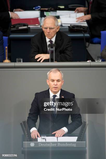 President of the French National Assembly Francois de Rugy speaks during a special session of the Bundestag for the 55th Anniversary of the Elysee...