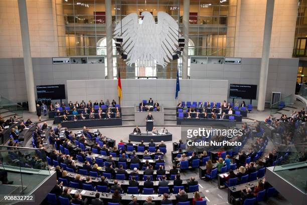 President of the French National Assembly Francois de Rugy speaks during a special session of the Bundestag for the 55th Anniversary of the Elysee...