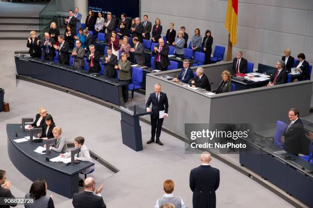 President of the French National Assembly Francois de Rugy acknowledges the applause of the members of the Bundestag during a special session for the...