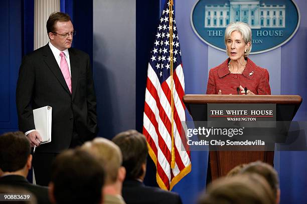 Health and Human Services Secretary Kathleen Sebelius speaks about a pilot program to reduce medical liability premiums with Press Secretary Robert...