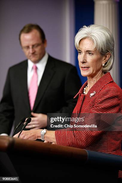 Health and Human Services Secretary Kathleen Sebelius speaks about a pilot program to reduce medical liability premiums with Press Secretary Robert...