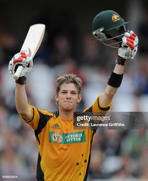 Tim Paine of Austrlia celebrates his maiden ODI century during the Sixth One Day International between England and Australia at Trent Bridge on...