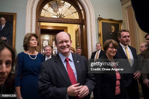 Sen. Lisa Murkowski , Sen. Lindsey Graham , Chris Coons , Sen. Amy Klobuchar and Sen. Jeff Flake emerge from the Senate floor after the Senate passed...