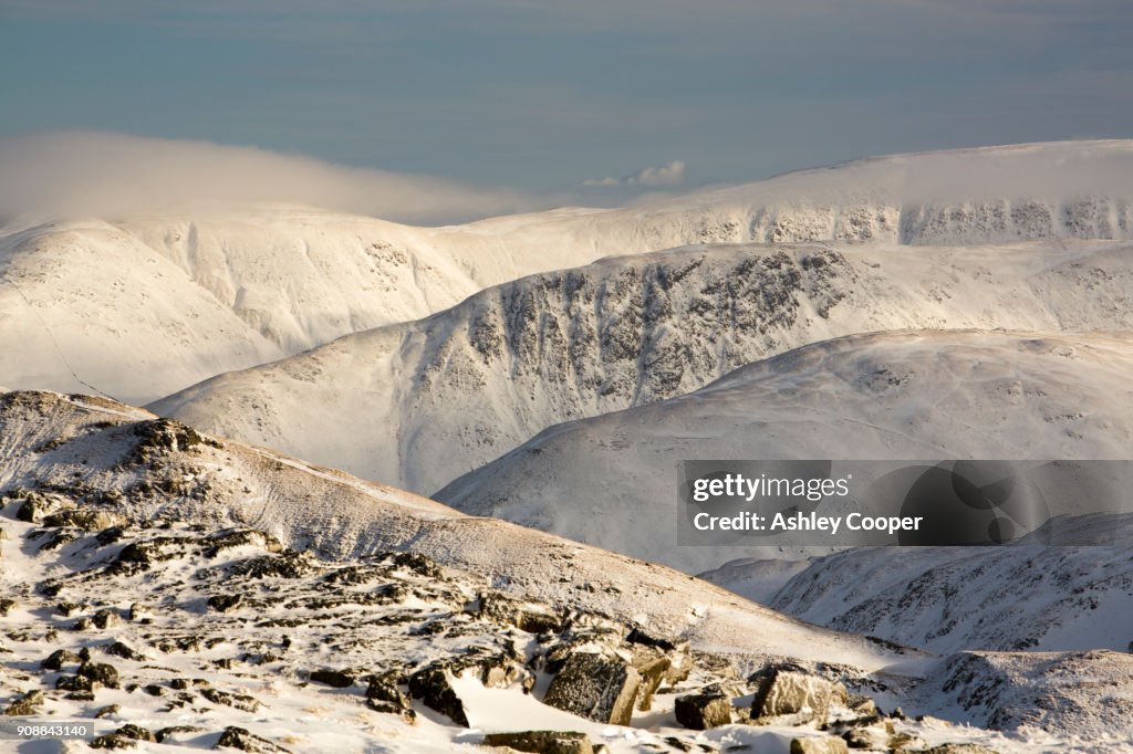 Looking across to St Sunday Crag and the High Street range from Dollywagon Pike in the Lake District, UK.