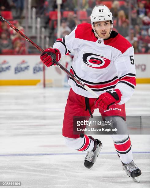 Trevor van Riemsdyk of the Carolina Hurricanes follows the play against the Detroit Red Wings during an NHL game at Little Caesars Arena on January...