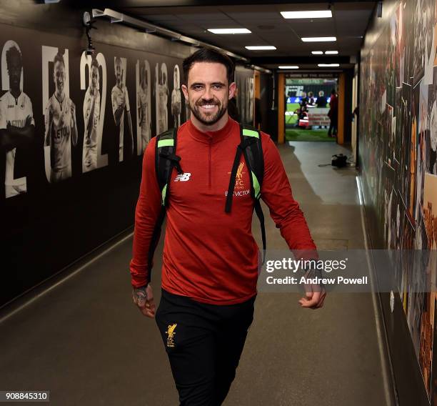 Danny Ward of Liverpool arrives before the Premier League match between Swansea City and Liverpool at Liberty Stadium on January 22, 2018 in Swansea,...