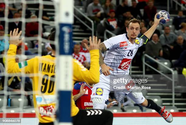 Valentin Porte of France throws at goal during the Men's Handball European Championship main round match between Serbia and France at Arena Zagreb on...