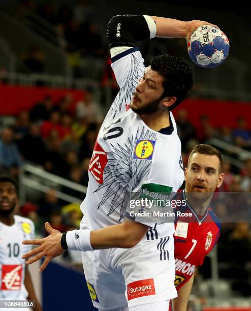 Niclas Tournat of France throws at goal during the Men's Handball European Championship main round match between Serbia and France at Arena Zagreb on...