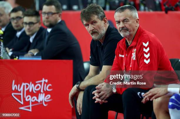 Jovica Cvetkovic , head coach of Serbia reacts during the Men's Handball European Championship main round match between Serbia and France at Arena...