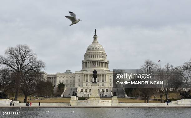 The US Capitol is seen in Washington, DC on January 22, 2018 after the US Senate reached a deal to reopen the federal government, with Democrats...