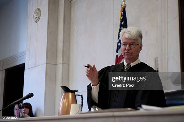 Judge Jon Blue give instructions before the start of the arraignment of Raymond Clark III at the New Haven Superior Court after earlier this morning...