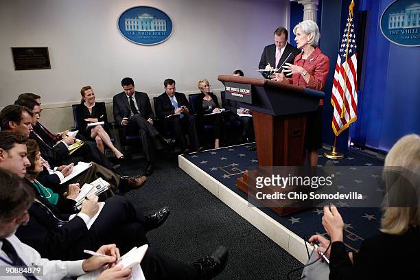 Health and Human Services Secretary Kathleen Sebelius speaks about a pilot program to reduce medical liability premiums with Press Secretary Robert...