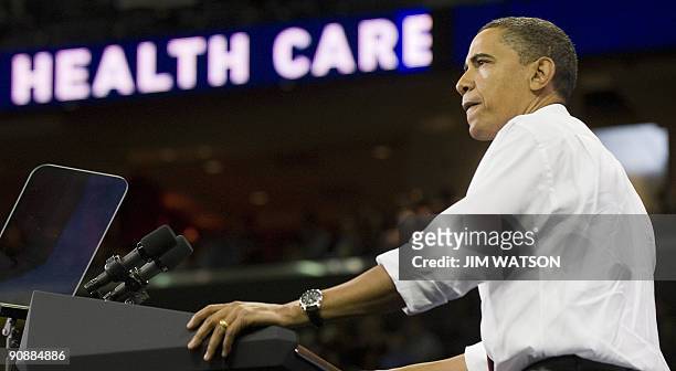 President Barack Obama delivers remarks on health care reform at the University of Maryland in College Park, MD, September 17, 2009. AFP PHOTO/Jim...