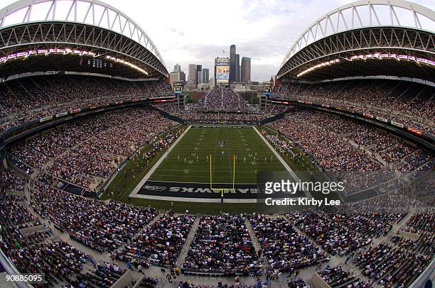 General view of Qwest Field with Seattle skyline during Monday Night Football game between the Seattle Seahawks and Dallas Cowboys in Seattle, Wash....