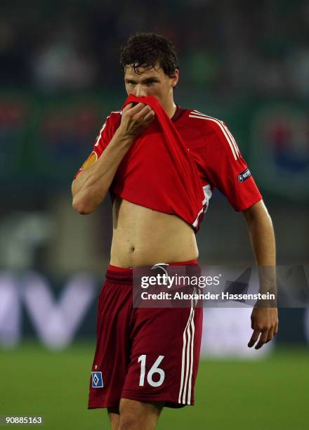 Marcus Berg of Hamburg reacts during the Europa League match between SK Rapid Wien and Hamburger SV at the Ernst-Happel-Stadion on September 17, 2009...