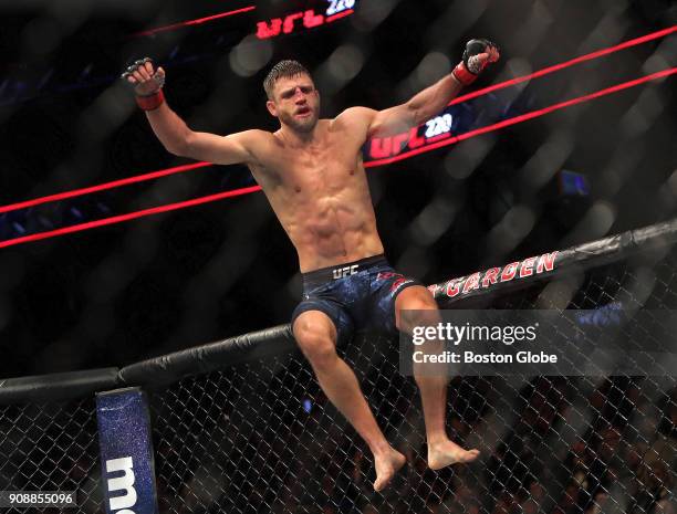 Calvin Kattar celebrates his defeat of Shane Burgos in a Featherweights match during UFC 220 at TD Garden in Boston on Jan. 20, 2018.