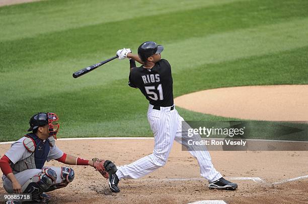 Alex Rios of the Chicago White Sox bats against the Boston Red Sox on September 5, 2009 at U.S. Cellular Field in Chicago, Illinois. The White Sox...