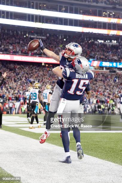 Playoffs: New England Patriots Danny Amendola victorious after scoring touchdown with Chris Hogan vs Jacksonville Jaguars at Gillette Stadium....