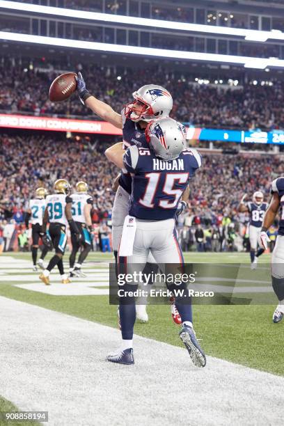 Playoffs: New England Patriots Danny Amendola victorious after scoring touchdown with Chris Hogan vs Jacksonville Jaguars at Gillette Stadium....