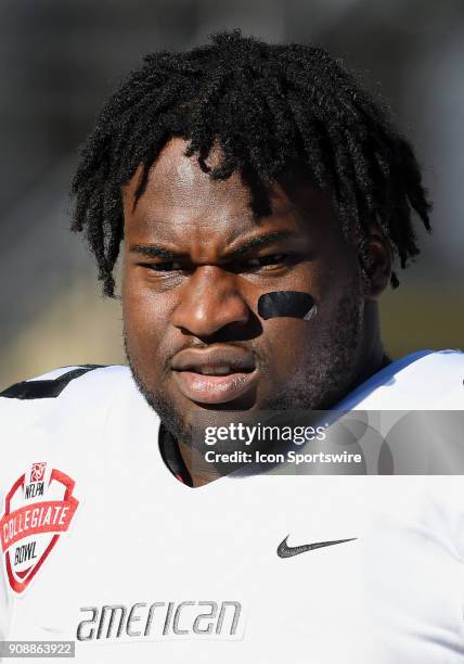 American Team defensive end Ebenezer Ogundeko from Tennessee State on the side lines in the second quarter of a game against the National Team, on...